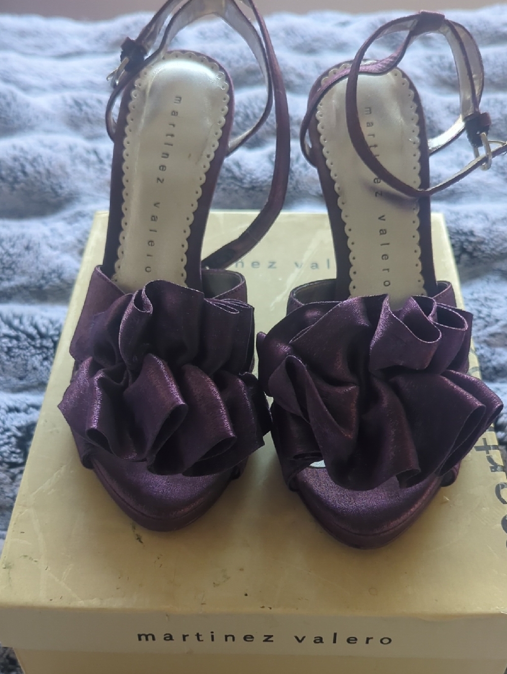 Martinez Valero Purple Satin Ruffle Ankle-Strap Heels